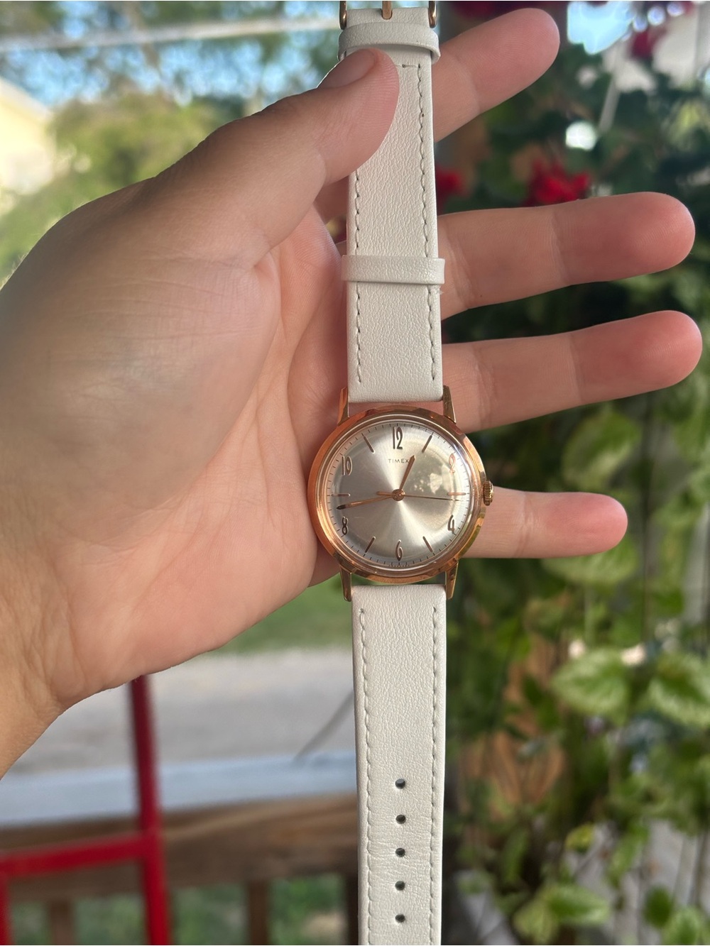 Ladies mechanical Timex Rose Gold Watch with White Strap